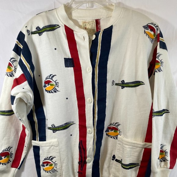 Play Alegre Nautical Print Ivory Long Sleeve Cardigan Sweater EUC Women One Size - Picture 13 of 14